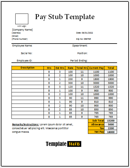 Pay Stub Template – Yellow and Gray Theme
