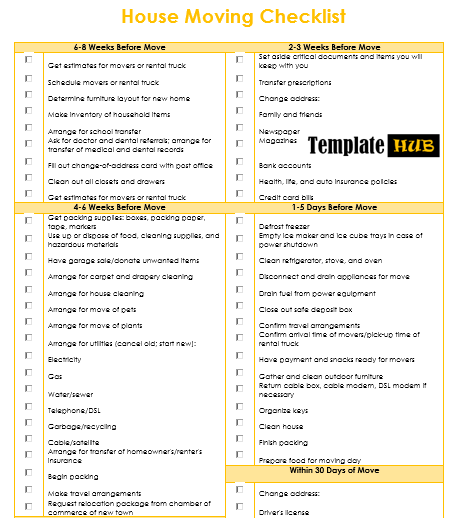 Free House Moving Checklist Sample – Yellow Theme