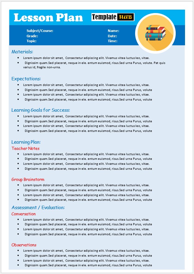 Lesson Plan Template – Blue Colored Theme