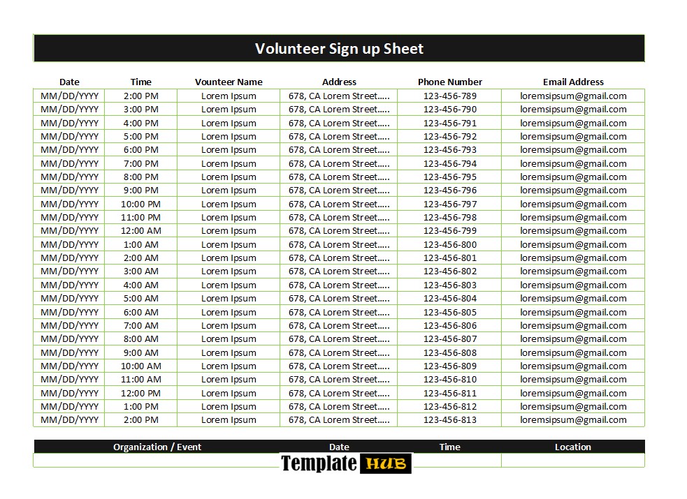 Volunteer Sign Up Sheet Template – Fillable Format
