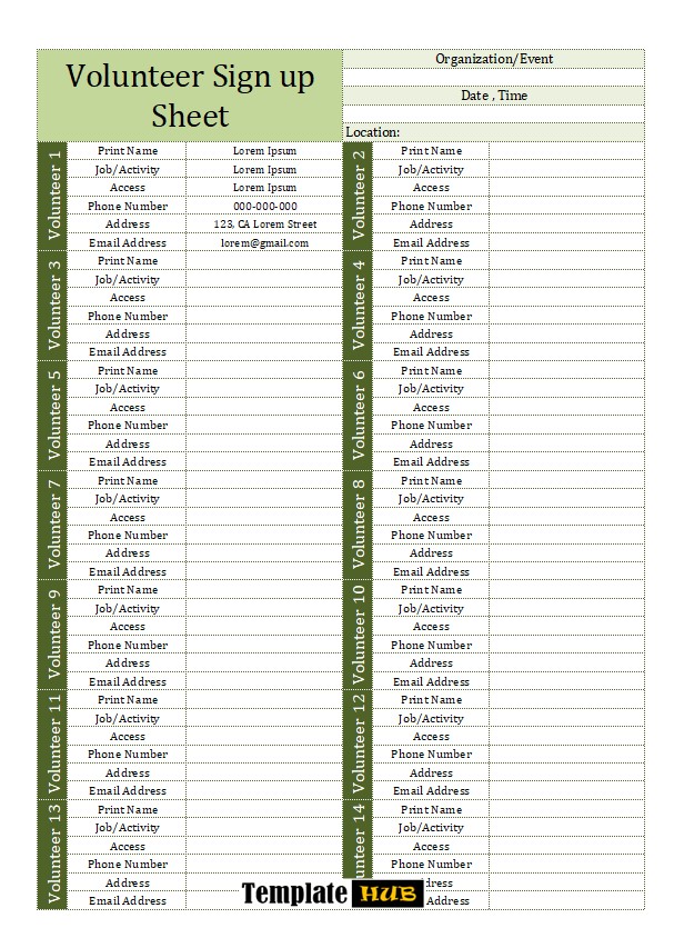 Volunteer Sign Up Sheet Template – Green Theme
