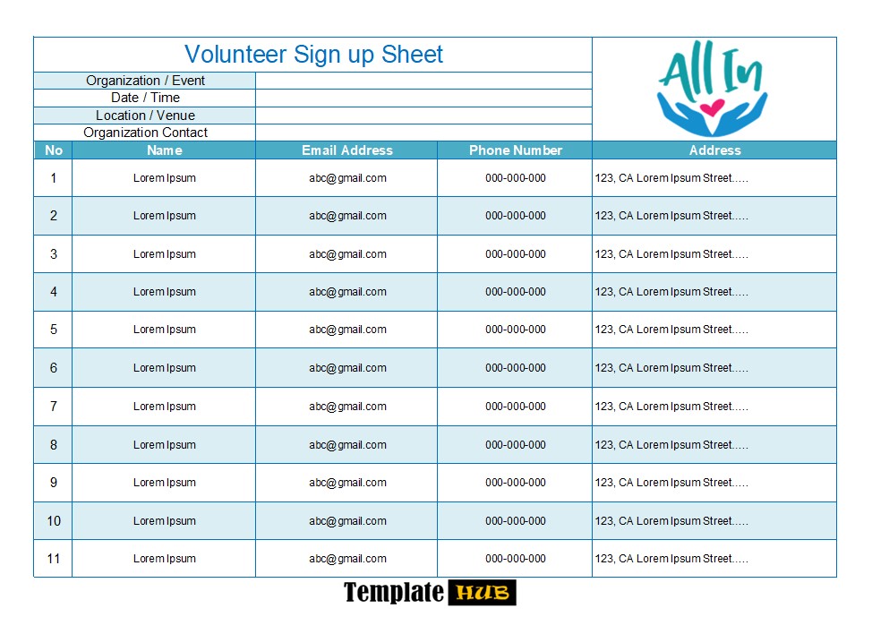 Volunteer Sign Up Sheet Template – Tabular Format