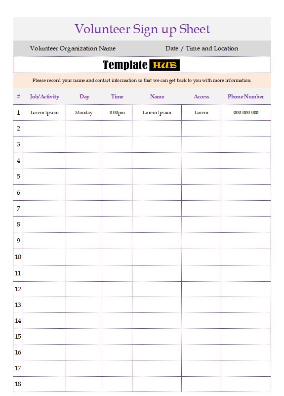 Volunteer Sign Up Sheet Template – Colored Background