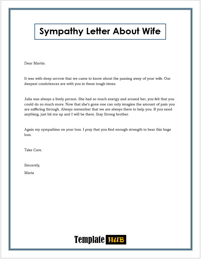 Free Sympathy Letter – About Wife