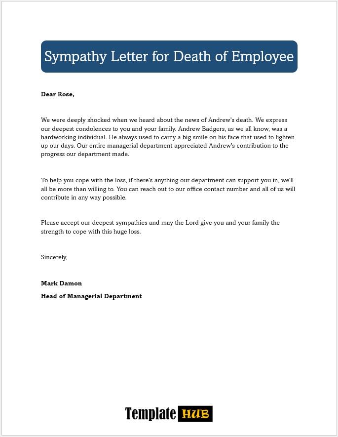 Free Sympathy Letter – Employee Death