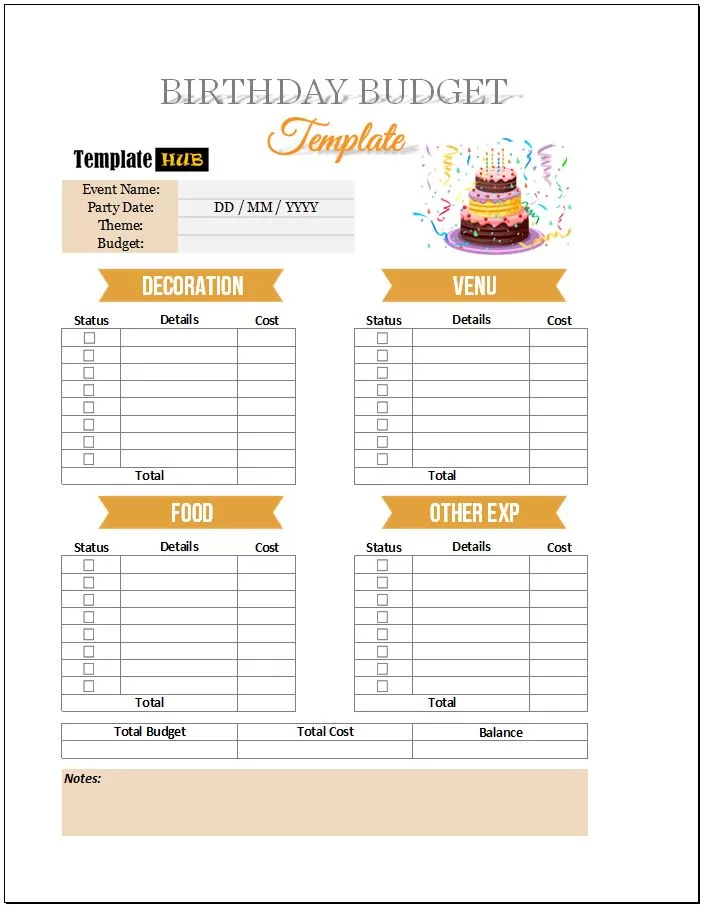 Birthday Budget Template in Excel