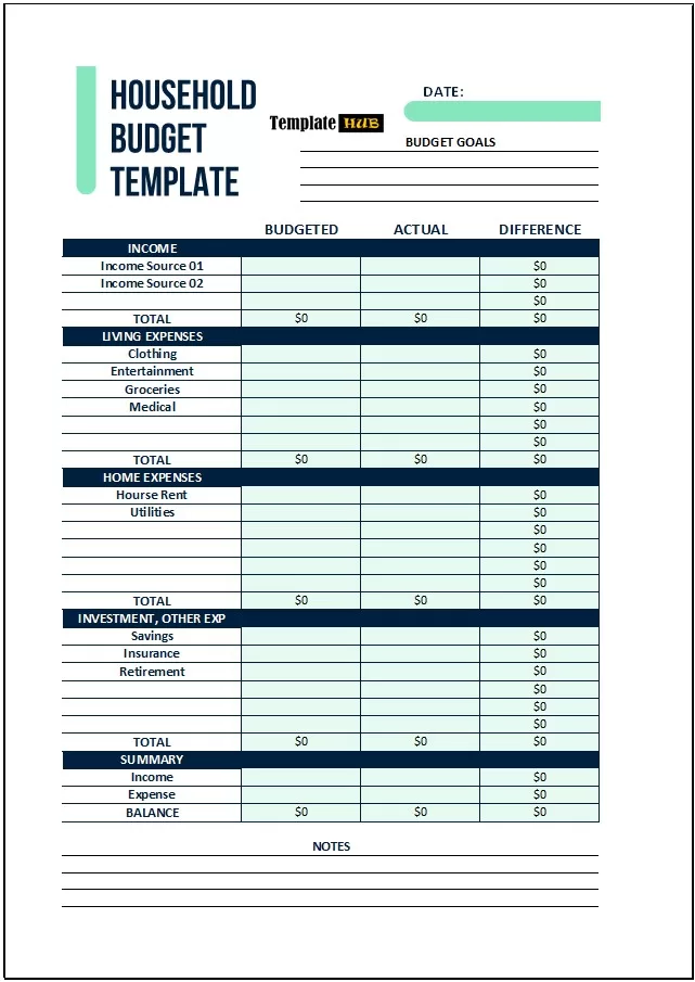 Editable Household Budget Template