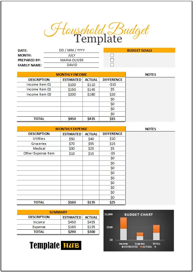 Monthly Household Budget Template