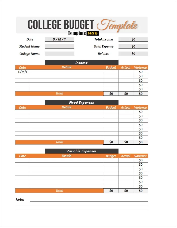 Printable College Budget Template