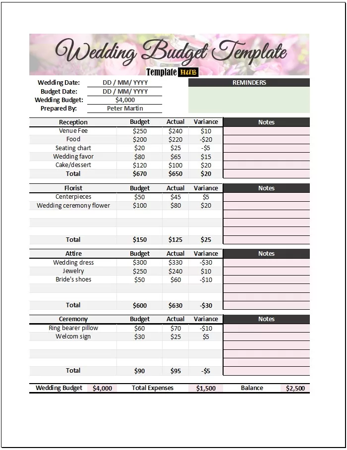 Printable Wedding Budget Template 01