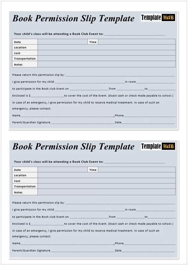 Book Permission Slip Template