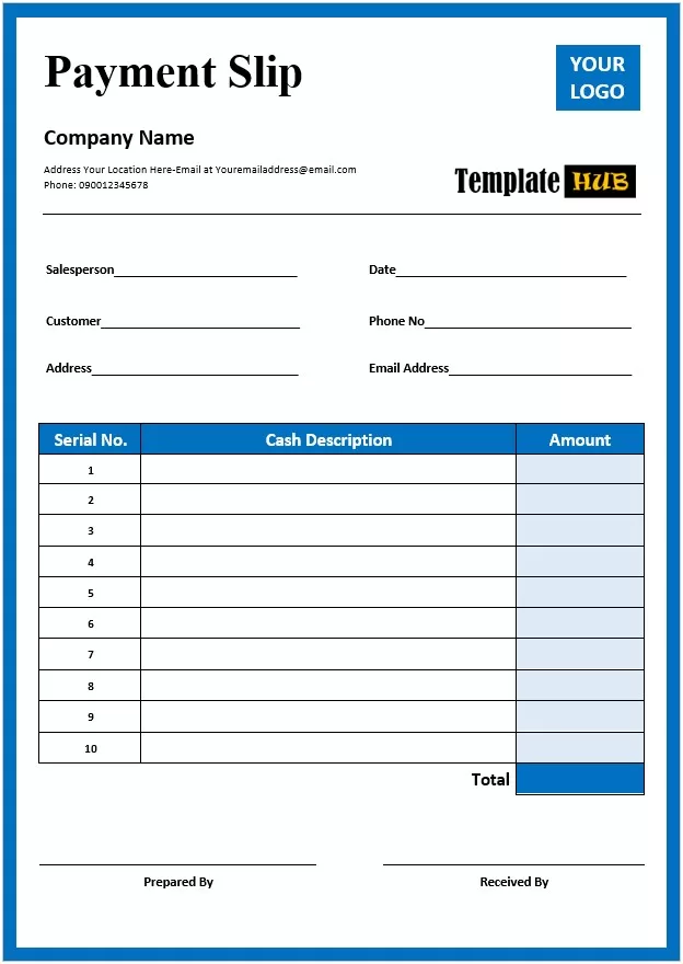 Cash Payment Slip Template