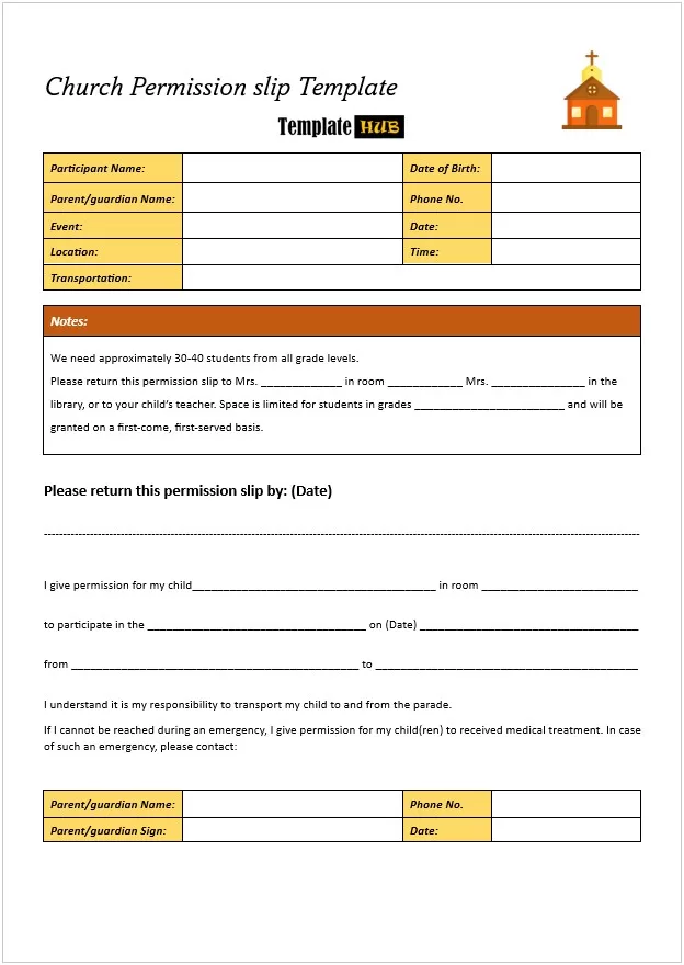 Church Permission slip Template