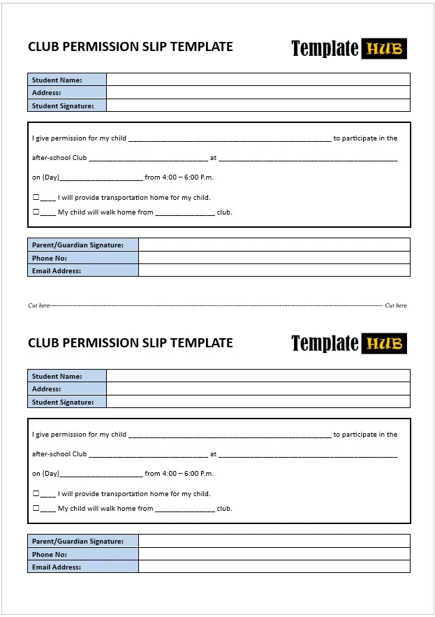 Club Permission Slip Template