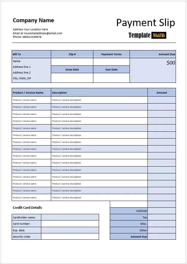 Credit Card Payment Slip Template