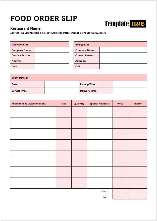 Food Order Slip Template