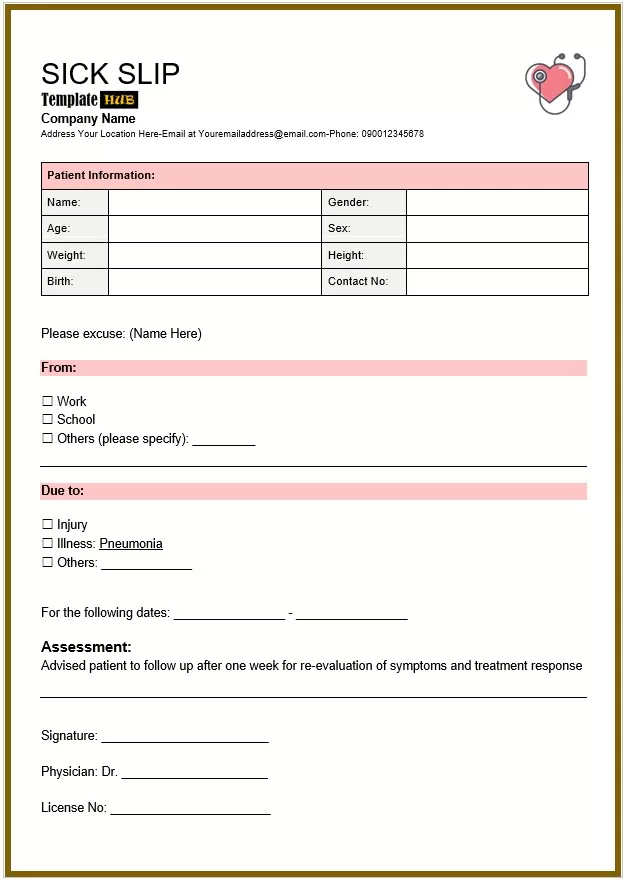 Medical Sick Slip Template