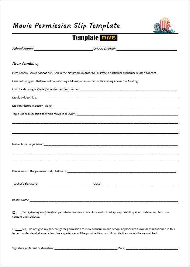 Movie Permission Slip Template