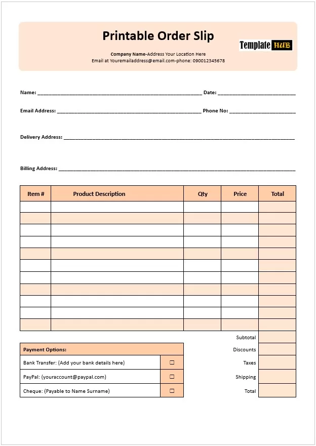 Printable Order Slip Template