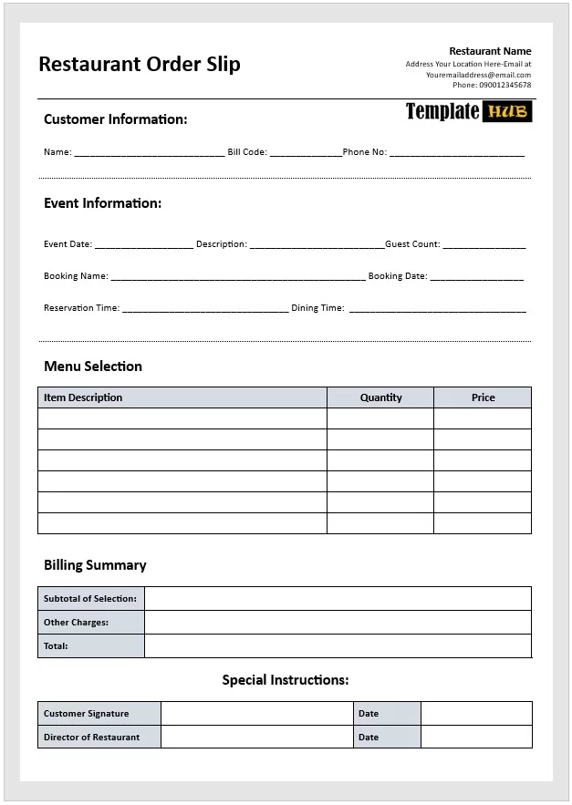 Restaurant Order Slip Template