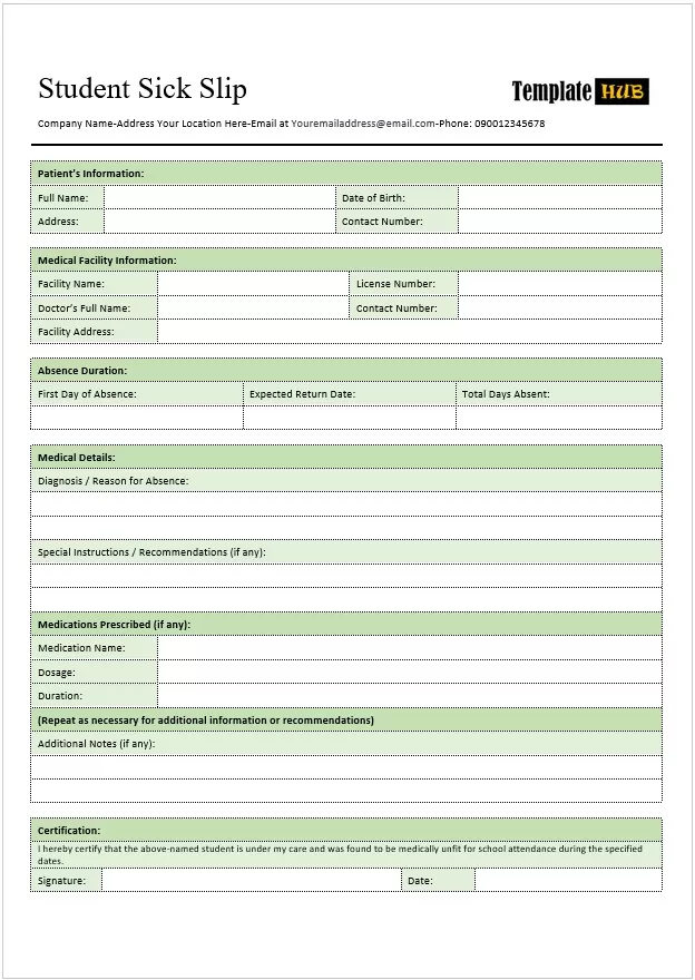 Student Sick Slip Template