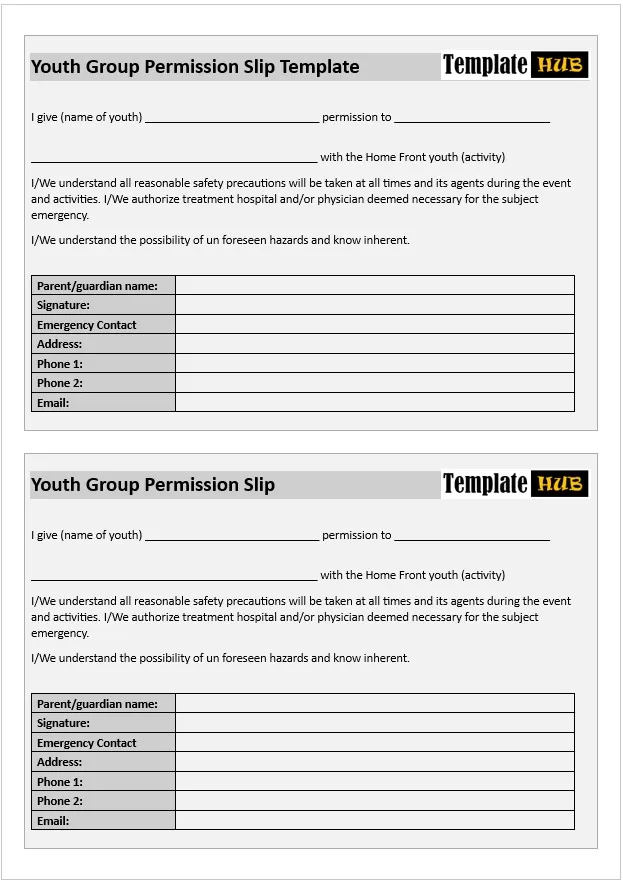 Youth Group Permission Slip Template