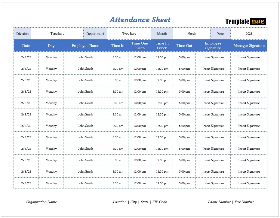 Employee Daily Attendance Sheet Template