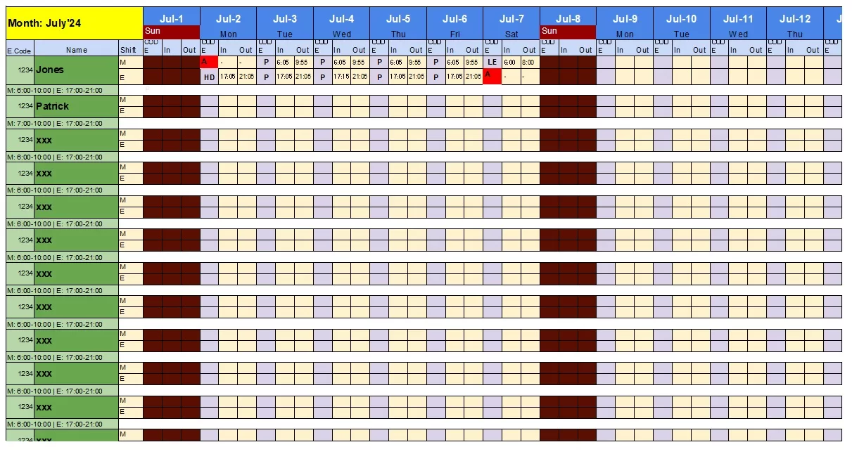 Employees Attendance List Template