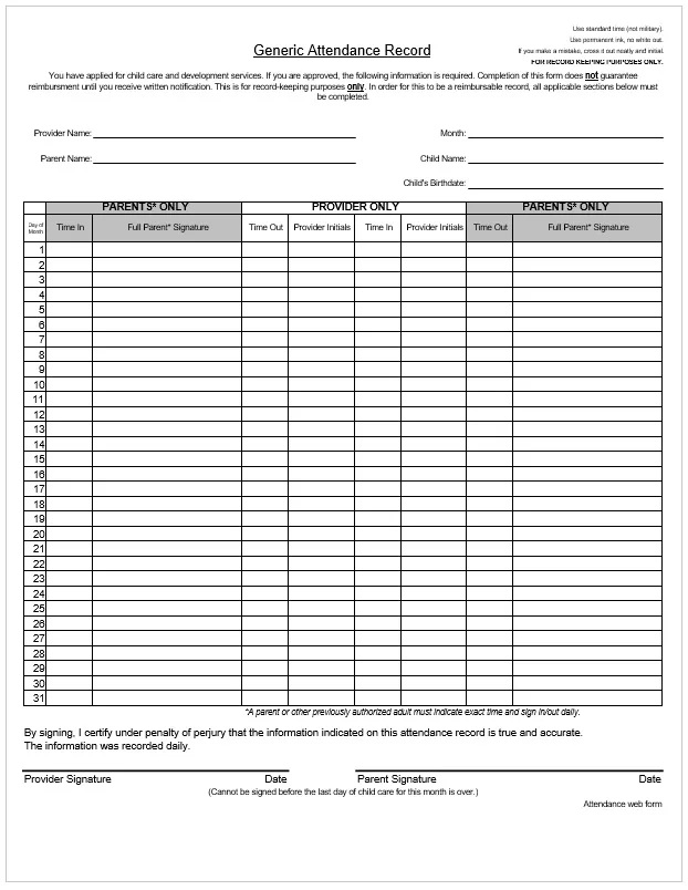 Monthly Attendance Record Template