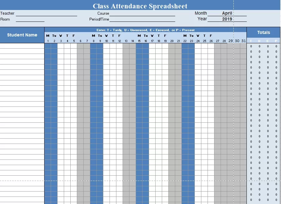 Monthly Class Attendance Spreadsheet 01