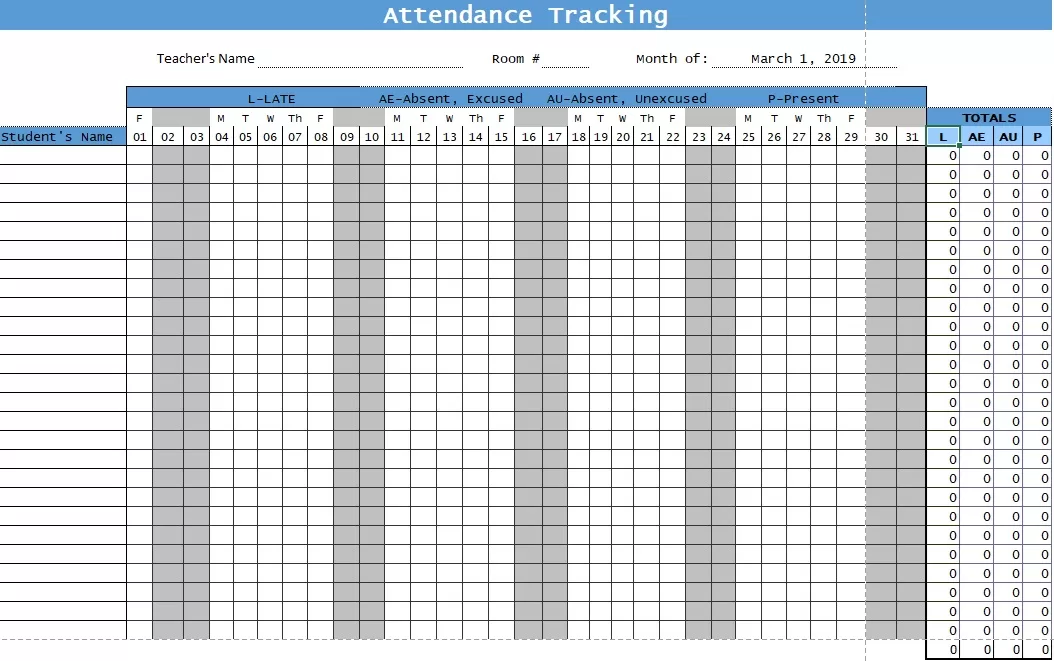 Monthly Class Attendance Spreadsheet 02