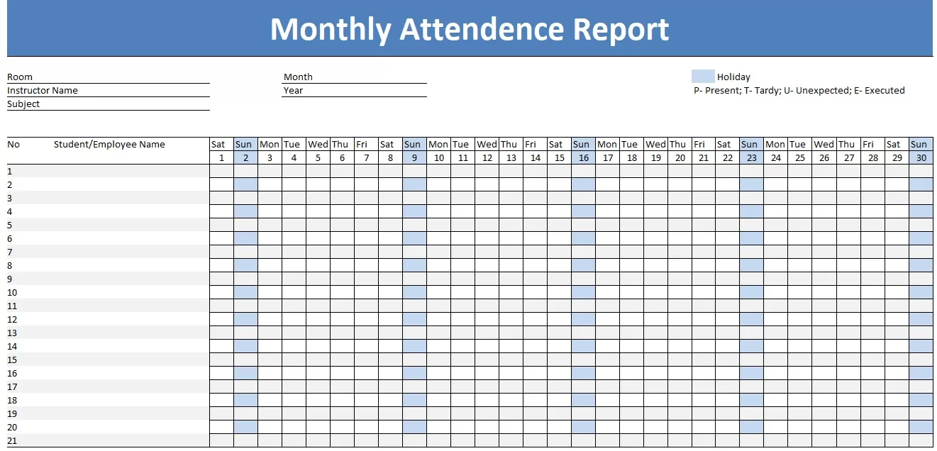 Monthly Class Attendance Spreadsheet 03