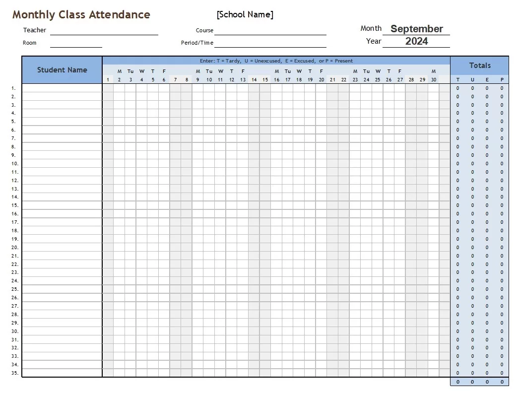 Monthly Class Attendance Spreadsheet 04