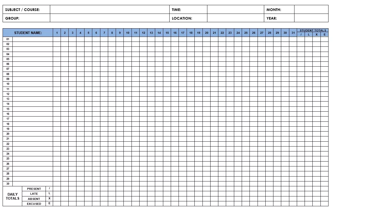 Monthly Class Attendance Spreadsheet 05