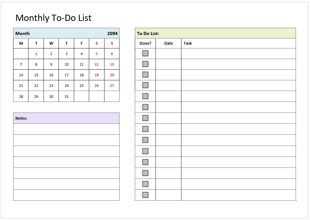 Monthly To-do List Template in MS Word