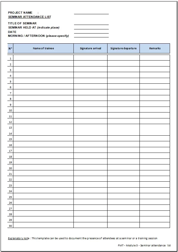 Seminar Daily Attendance Sheet