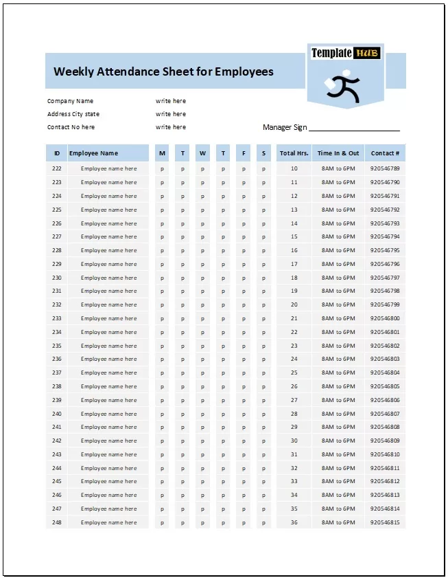 Weekly Attendance sheet templates for employees