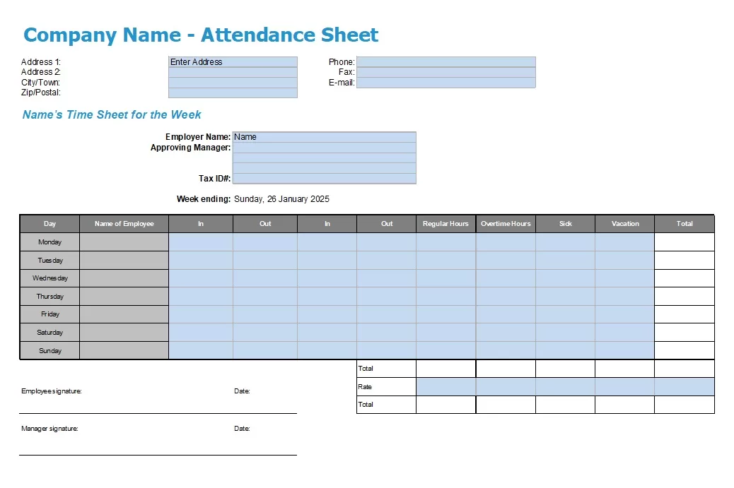 Weekly Employee Attendance List Template