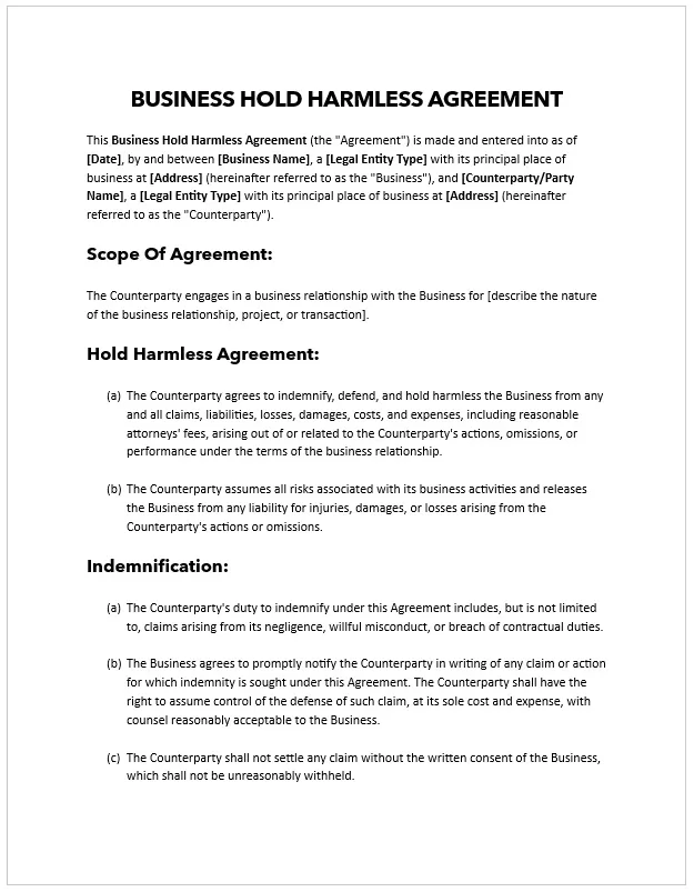 Business Hold Harmless Agreement Sample