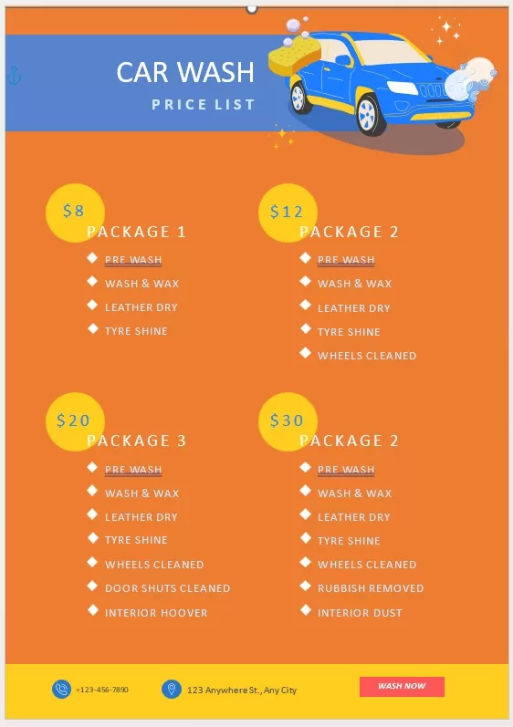 Car Wash Price List Template