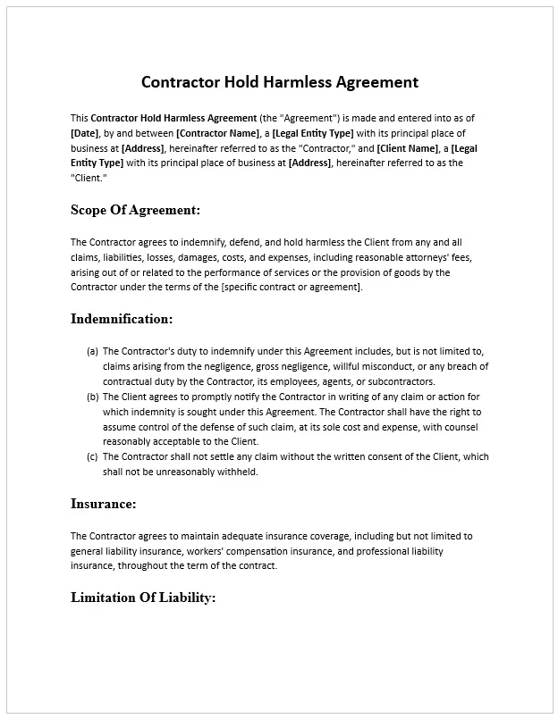 Contractor Hold Harmless Agreement Template