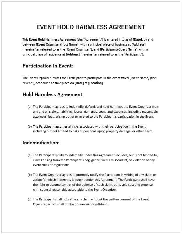 Event Hold Harmless Agreement