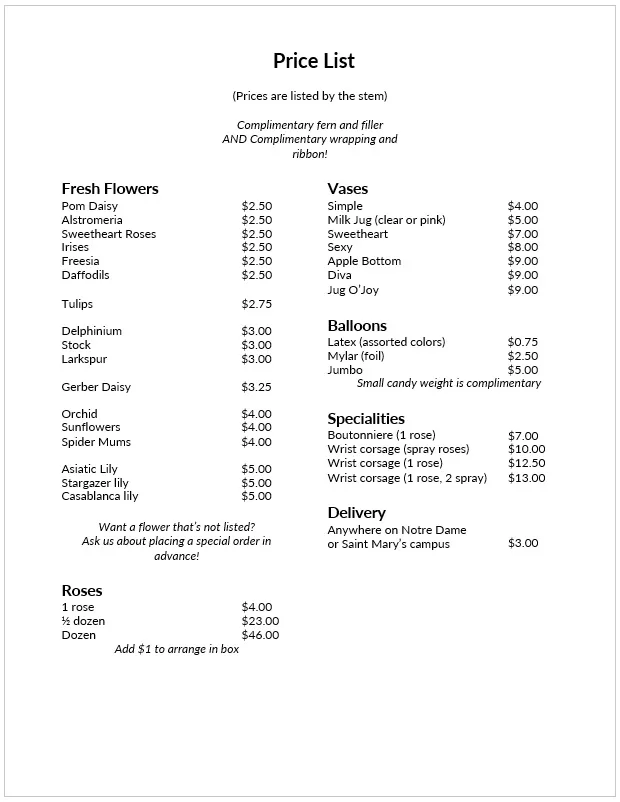 Flower Shop Price List Template