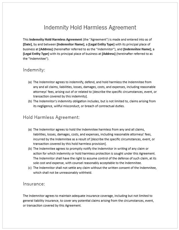 Indemnity Hold Harmless Agreement