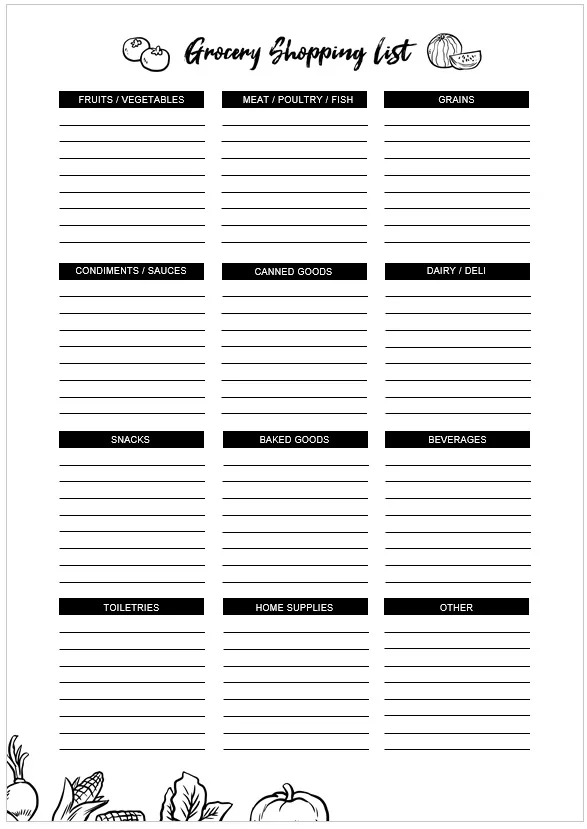 Monthly Grocery List Template