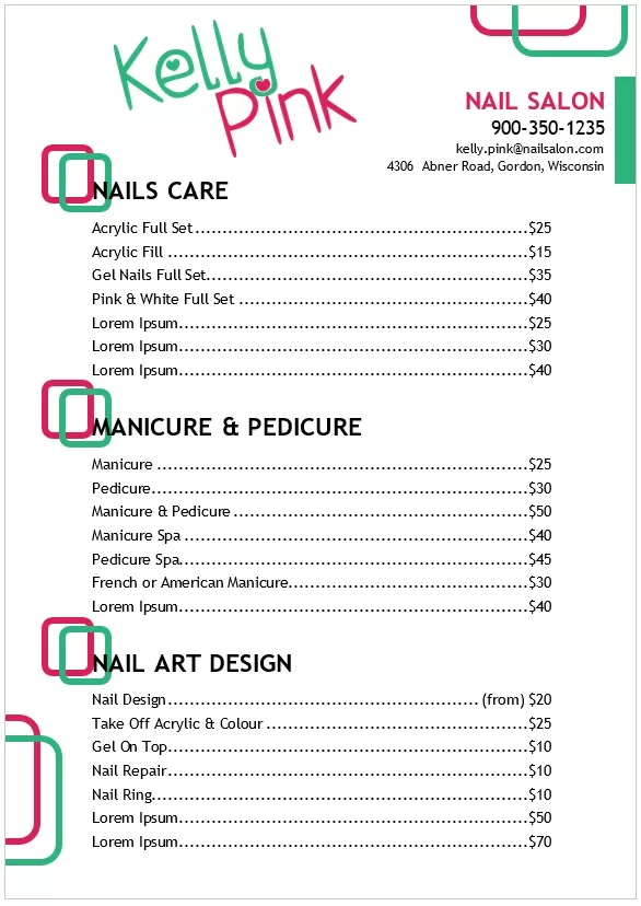 Nail Salon Price List Template