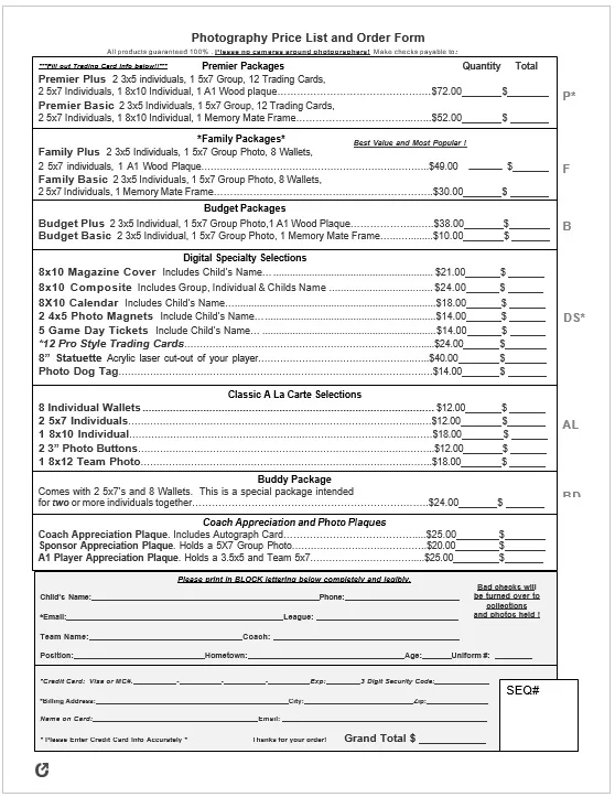 Photograph Price List Template