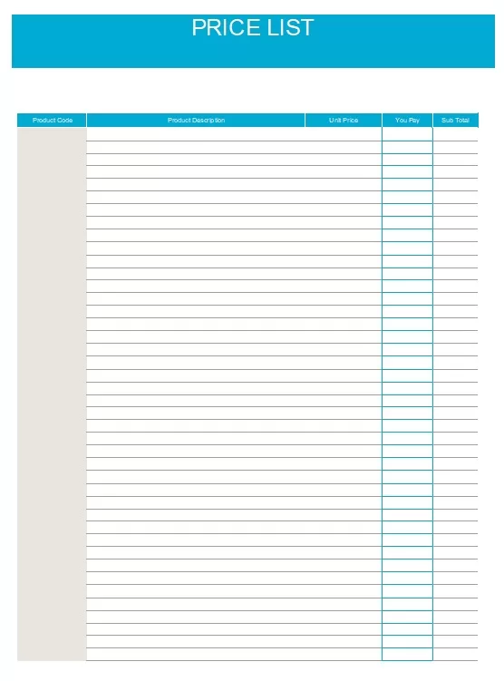 Price List Excel Sheet 01