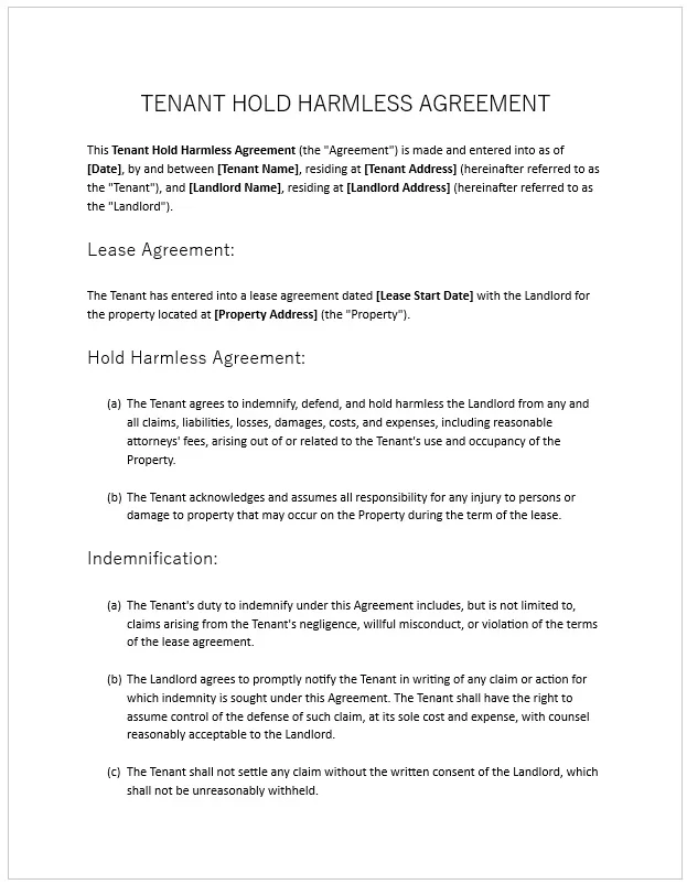 Tenant Hold Harmless Agreement