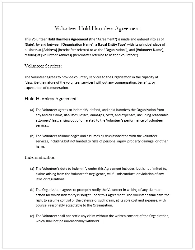 Volunteer Hold Harmless Agreement